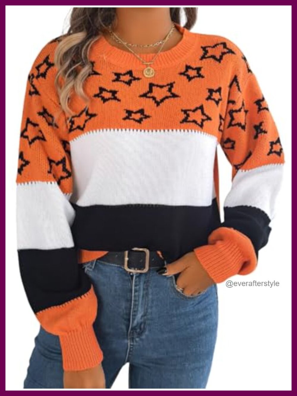 Star Color Block Sweater Crewneck Long Sleeve Drop Shoulder Acrylic Pullover